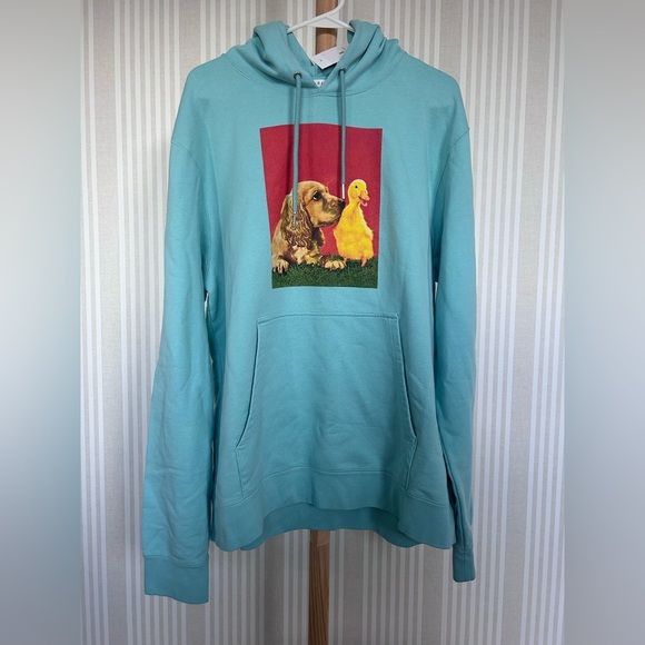 Sandro 100% Organic Cotton Dog + Duck Print Hoodie Authentic Size XXL Turquoise - Picture 4 of 14